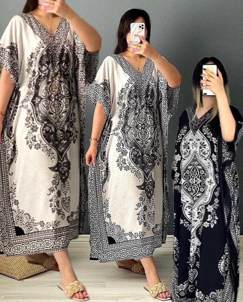 Elegant Black & White Paisley Print Kaftan – Free Size Rayon Long Dress for Women(Kaptan Kurta-Black&White XXL) - Image 2