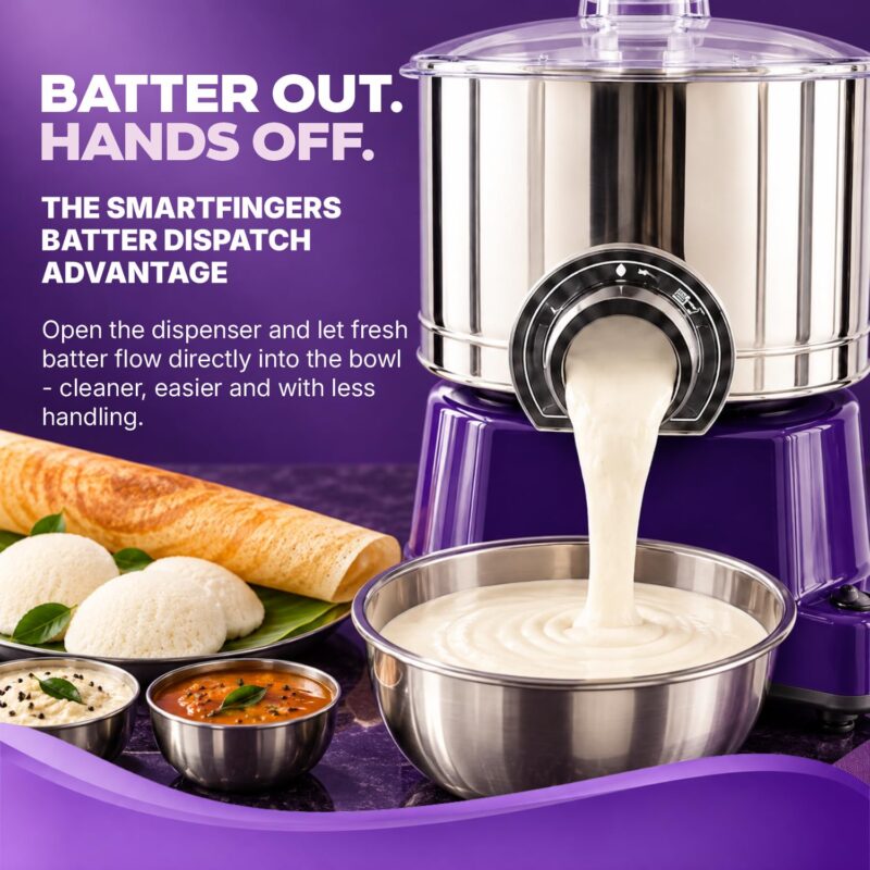 SmartFingers Comfort + Table Top Wet Grinder 230V, 3 Liter, Violet with Coconut Scrapper & Atta Kneader Attachment | Hands-Free Batter Dispenser | Top Wiper, 220W Motor | 5 Years Warranty | ABS - Image 4