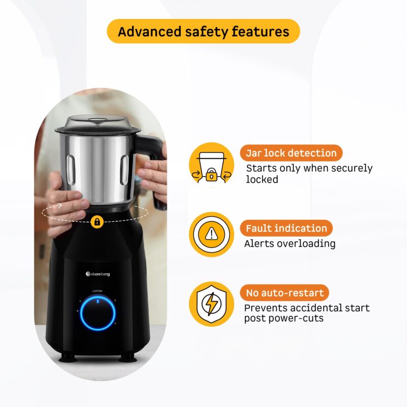 Atomberg Yulia 750 Watt Mixer Grinder | 4 Multipurpose Jars including Chopper Jar | Coarse Mode for Silbatta-like Textures | Powerful Intelligent Motor | Advanced Safety Features | Gloss Black - Image 6