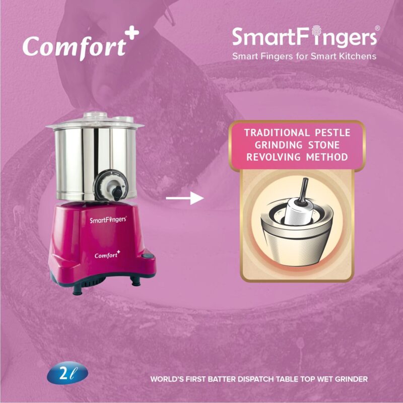 SmartFingers Comfort + Table Top Wet Grinder 230V, 2 Liter, Pink with Coconut Scrapper & Atta Kneader Attachment | Hands-Free Batter Dispenser | Top Wiper, 150W Motor | 5 Years Warranty | AISI 304 - Image 6
