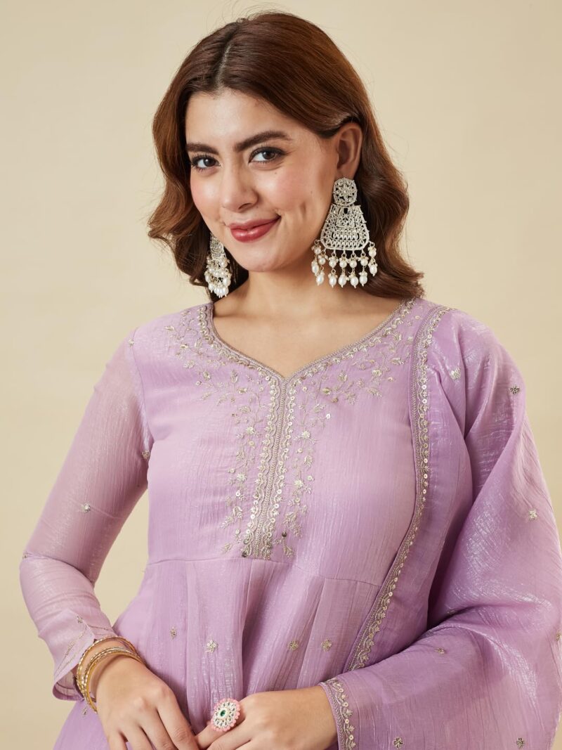 MOKOSH Women’s Lavender Silk Embroidery Peplum Kurta Sharara with Dupatta - Image 4