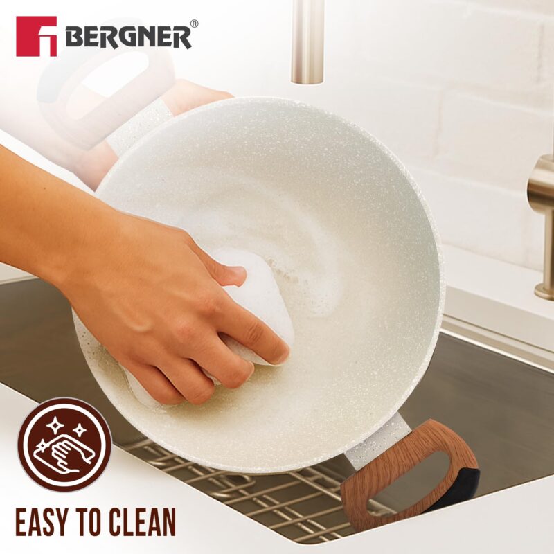 BERGNER Ivory Granite Non-Stick 24cm (2.5L) Kadai with Glass Lid, 3-Layer Marble Healthy Coating, Rivetless Soft Touch Handles, PFOA Free, Less Oil, Forged Aluminium - Induction and Gas Stove Ready - Image 8