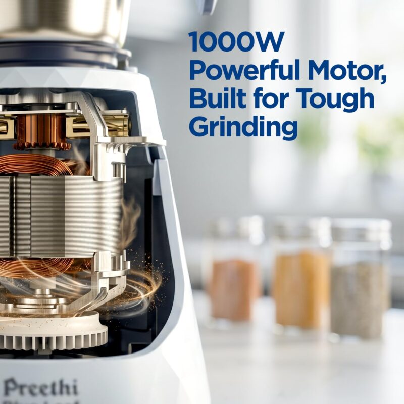 Preethi Blue Leaf Titanium 1000 Watts Mixer Grinder, 7 Jars (4 Stainless Steel Jars, Juicer, Blender), Superfine Grinding for Masalas, Chutneys and Batters, 2 Year Warranty, Lifelong Free Service,Blue - Image 2