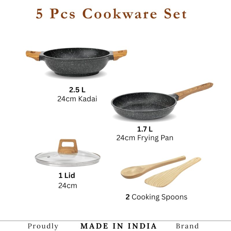 Kreme CeraStone Ultra Granite Nonstick Cookware Set 5 Pieces, Frying Pan 1.7L, Kadai 2.5L, Glass Lid and Wooden Cooking Spoons, PFOA Free, Induction Compatible, Made in India, Black - Image 2