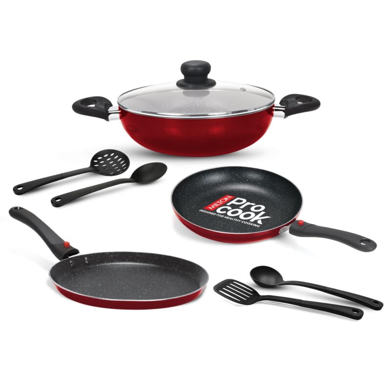 Milton Pro Cook Kitchen Pride Plus Granito I Set of 7 Non Stick Cookware | Non Induction I Cooking Pan, Kadhai with Lid, Tawa, Nylon Laddle & Spatula I Peach Metallic