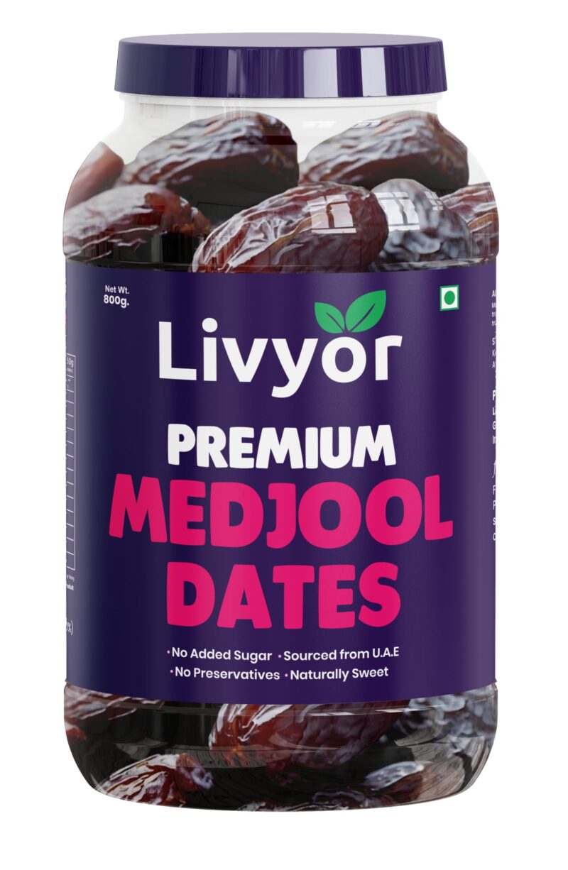 Livyor Medjool/Medjoul Dates - 800 grams | Khajoor | Khajur Dry Fruits | Jumbo size | High Fibre Dry fruits | Fresh and delicious | Pack of 1