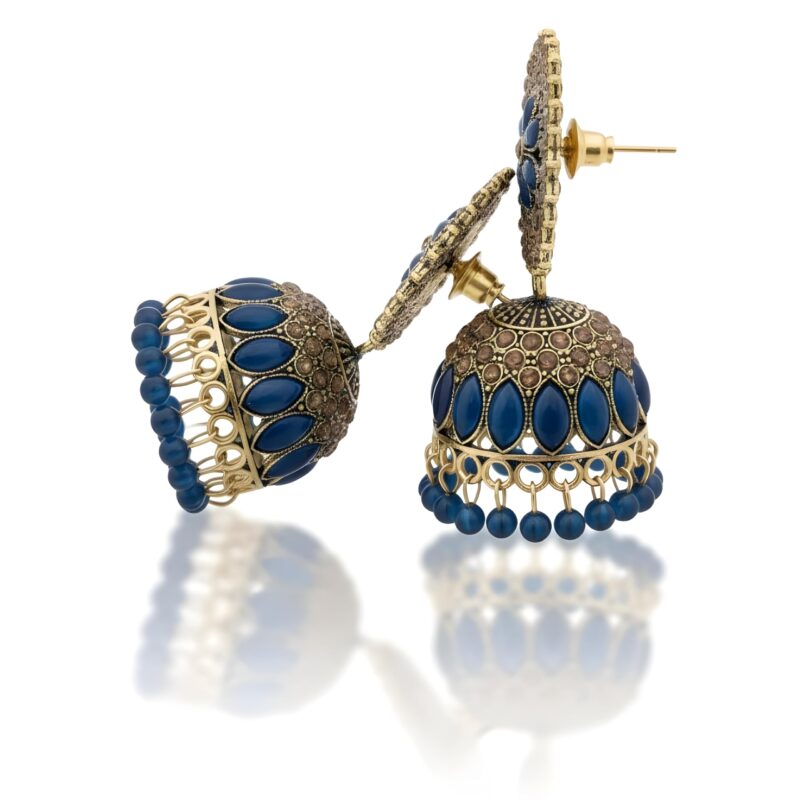 Aadhyaanee Traditional Jhumka Earrings for Women – Ethnic Gold Tone Flower Design Indian Earrings with Beaded Drops – Lightweight Jhumki Jewelry for Weddings, Festivals & Ocasional Wear (Navy Blue & Antique Gold) - Image 4