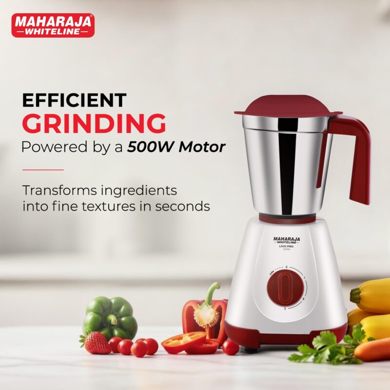 Maharaja Whiteline 500W Mixer Grinder with 3 Stainless Steel Jars with lid and 20,000 RPM Motor Speed (White & Cherry Red) - Image 2
