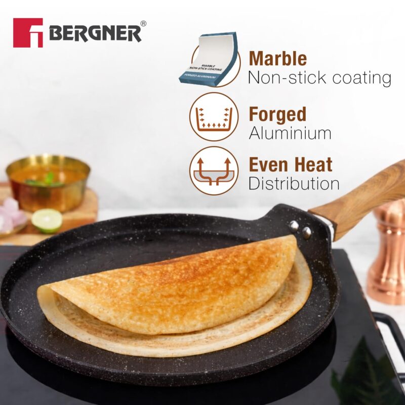 BERGNER Ivory Black Granite Non-Stick 28cm Dosa Tawa, 3-Layer Marble Healthy Non-Stick Coating, Forged Aluminium, PFOA Free, Non Toxic, Large Flat Dosa Tawa, Induction and Gas Stove Ready - Black - Image 4