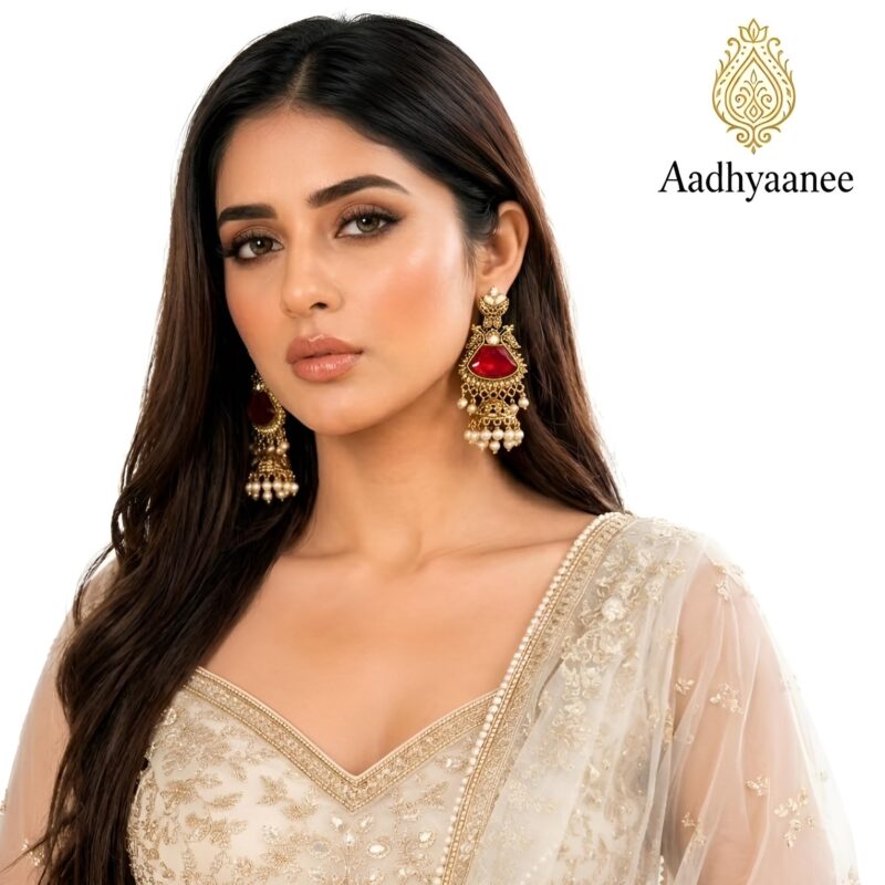 Aadhyaanee Traditional Jhumka Earrings for Women – Antique Finish Ethnic Dangle Earrings with Pearl Drops, Designer Ocasional Wear Wedding Jewellery, Statement Long Earrings for Lehenga Saree (Ruby Red Antique Gold) - Image 5