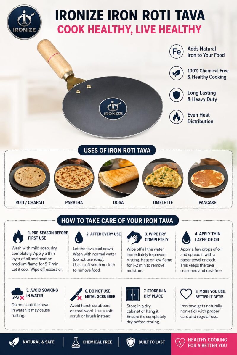 IRONIZE Pure Iron Roti Tawa with Wooden Handle| 1kg | Heavy Duty Chemical-Free Iron Cookware | Even Heat Distribution | Ideal for Roti, Chapati, Paratha, Dosa & Omelette | Available in 1kg to 2kg - Image 7