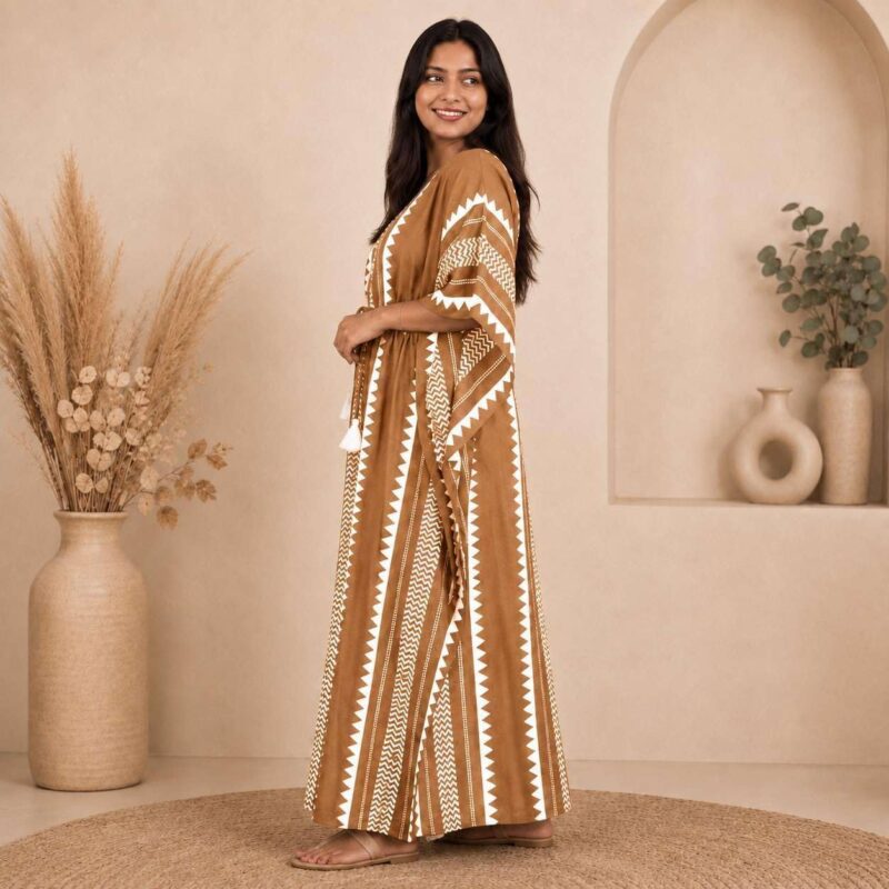 Women's Pure Cotton Kaftan Maxi Dress, Brown Geometric Print, V-Neck Loose Fit with Drawstring Waist & Wide Sleeves | Kaftan Nighty, Beach Cover Up, Vacation & Lounge Wear | Free Size S-XXL - Image 3