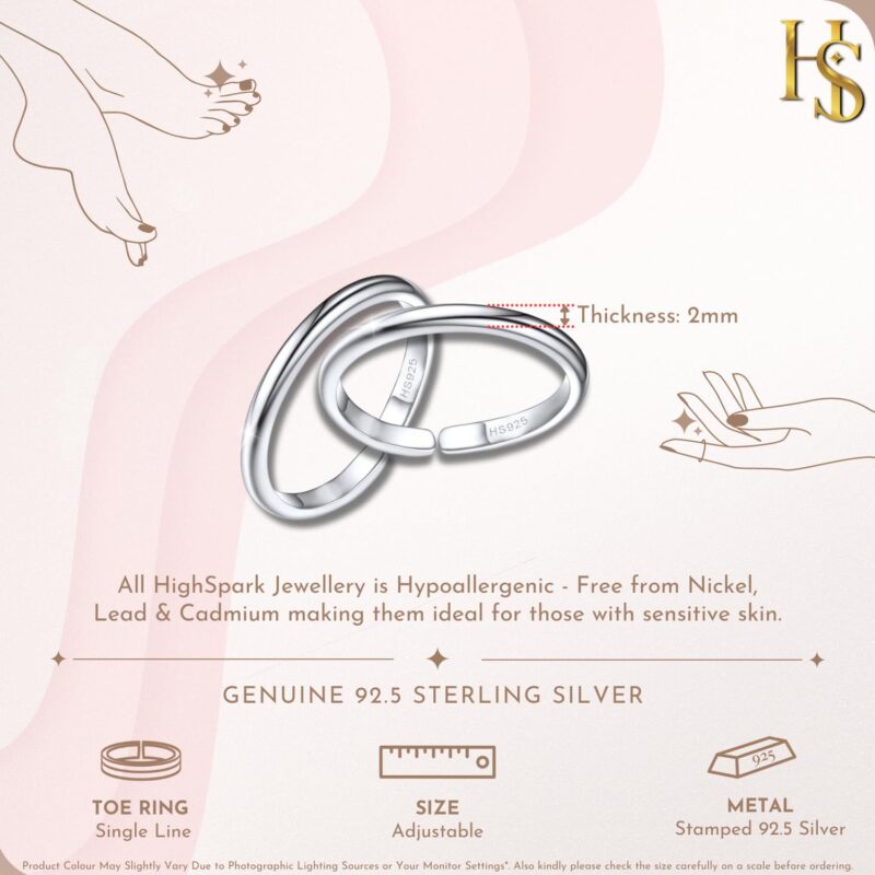 HighSpark Single Line Silver Toe Rings for Women | 92.5 Sterling Silver Hypoallergenic Adjustable Toe Rings | Minimal & Elegant Designs - Single Line- 1 Pair - Image 3