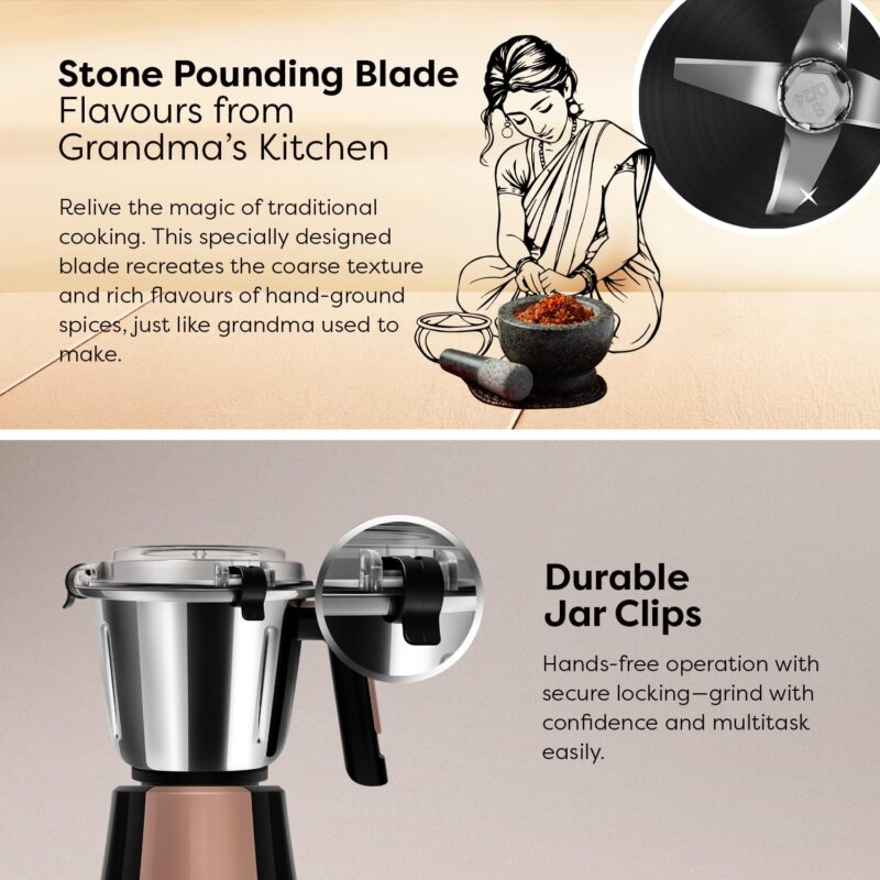 Wipro Elato Divine FMG 215 800 Watt Mixer Grinder with 4 Jars,Heavy Duty 100% Copper Ball Bearing Motor with 5 Year Warranty,Superfast Grinding,Clip Lids - Hands Free use, 4 Jars Mixer Grinder,Black - Image 6