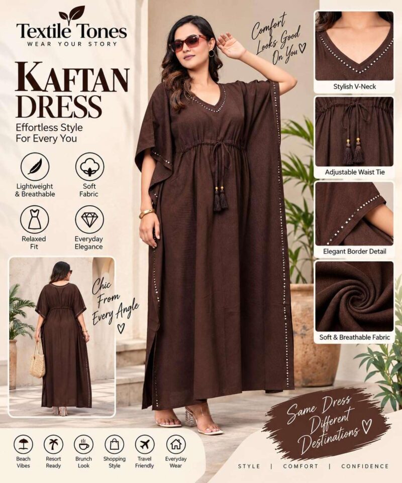 TEXTILE TONES Women’s Chocolate Brown Kaftan Dress - V Neck Maxi Dress with Adjustable Waist Tie, Lightweight Loose Fit Beach Cover Up for Vacation, Resort, Poolside & Casual Wear, Free Size - Image 3