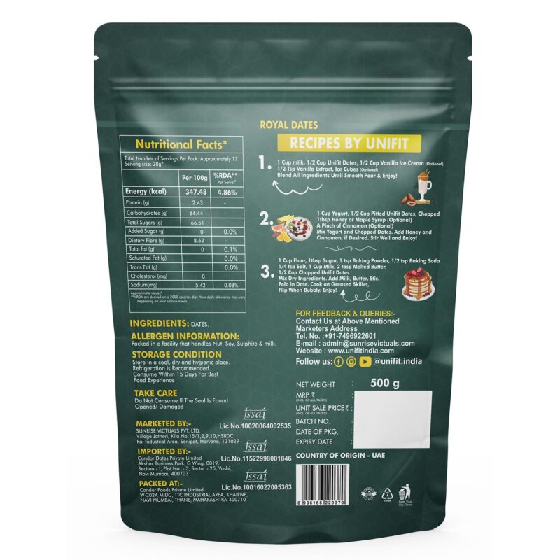 UNIFIT Royal Dates | Premium UAE Dates | 100% Natural & Nutritious | High Dietary Fiber | No Added Sugar or Preservatives | Rich in Energy & Essential Nutrients | Khajoor (500g) - Image 2