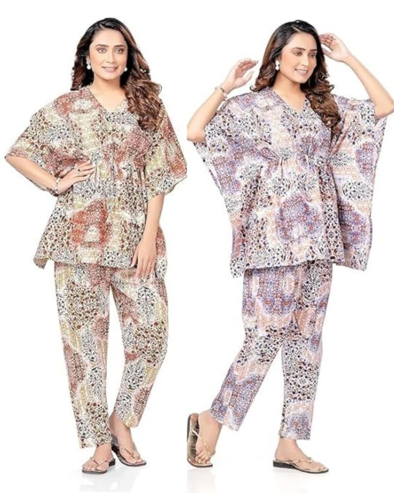 Bresdk Women’s Cotton Printed Kaftan Top & Pyjama Nightwear Set | Pack of 2 | Free Size Lounge Wear with One Side Pocket (Brown,Blue, Free Size)