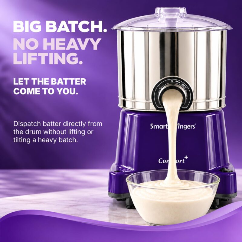 SmartFingers Comfort + Table Top Wet Grinder 230V, 3 Liter, Violet with Coconut Scrapper & Atta Kneader Attachment | Hands-Free Batter Dispenser | Top Wiper, 220W Motor | 5 Years Warranty | ABS - Image 3