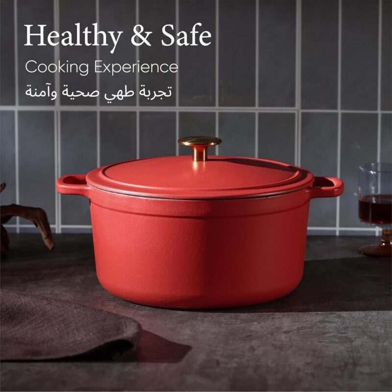 CAROTE Dutch Oven 4.7L Enameled Cast Iron Pot with Lid, Biryani, Red - Image 4