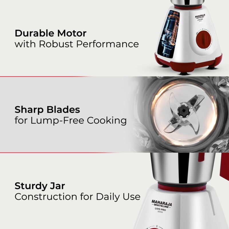 Maharaja Whiteline 500W Mixer Grinder with 3 Stainless Steel Jars with lid and 20,000 RPM Motor Speed (White & Cherry Red) - Image 5