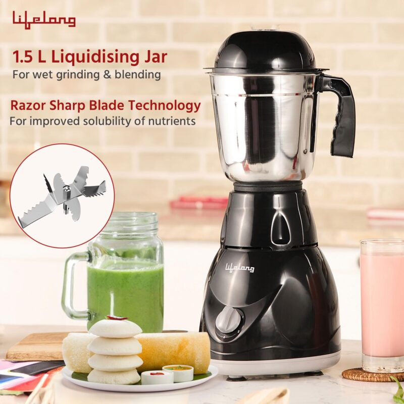Lifelong LLMG23 Power Pro 500-Watt Mixer Grinder with 3 Jars (Liquidizing, Wet Grinding and Chutney Jar), Stainless Steel blades, 1 Year Warranty (Black) - Image 2