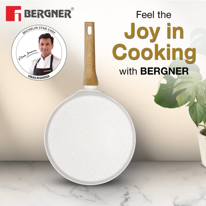 BERGNER Naturally Forged Aluminum 28cm Pancake Pan/Dosa Tawa with Marble Non-Stick Coating, Scratch Resistant and Durable, Soft Touch Handle, Easy to Clean - Induction Bottom, Free Non-Woven Trivet - Image 2