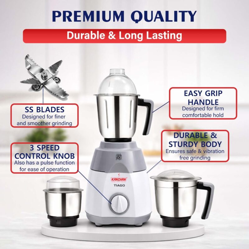 Kanchan Tiago Mixer Grinder 750 watt - 3 Stainless Steel Jars for Wet & Dry Grind & Blend (Chutney, Juices, Puree, Batter, Masala)- Heavy Duty Motor Mixi Grinder, 5 Year Warranty, ISI Certified - Image 6
