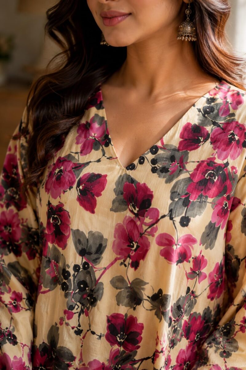 Women's Floral Printed Cotton Kaftan & Palazzo Set | V-Neck Loose Fit Lounge Wear Co-Ord Set | Soft Breathable Casual Nightwear Loungewear for Women | Beige (XXL) - Image 4