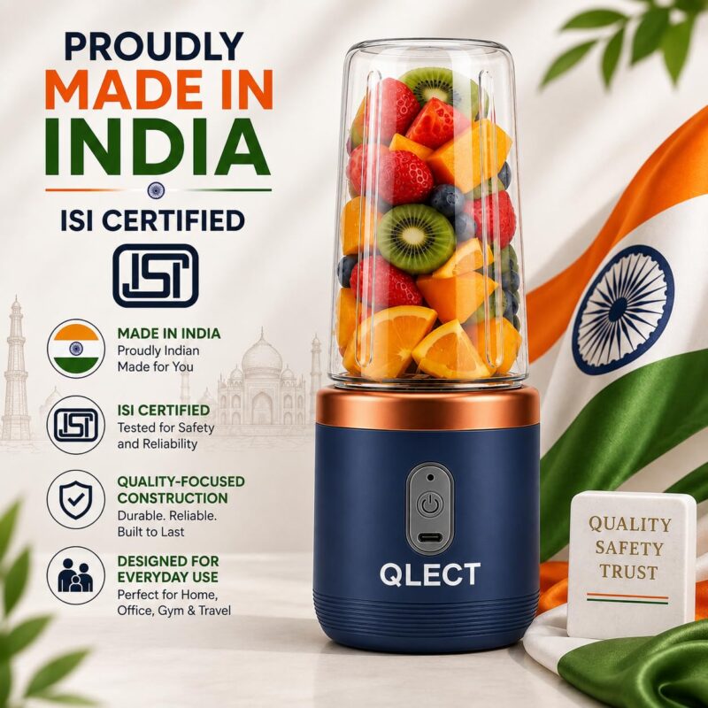 QLECT Portable Blender for Smoothies & Juices | 400ml Personal Juicer Mixer Grinder | 1500mAh USB Rechargeable Battery | 2 Jars | Stainless Steel Blades | ISI Certified | Made in India(Blue) - Image 5