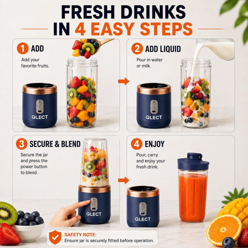 QLECT Portable Blender for Smoothies & Juices | 400ml Personal Juicer Mixer Grinder | 1500mAh USB Rechargeable Battery | 2 Jars | Stainless Steel Blades | ISI Certified | Made in India(Blue) - Image 6