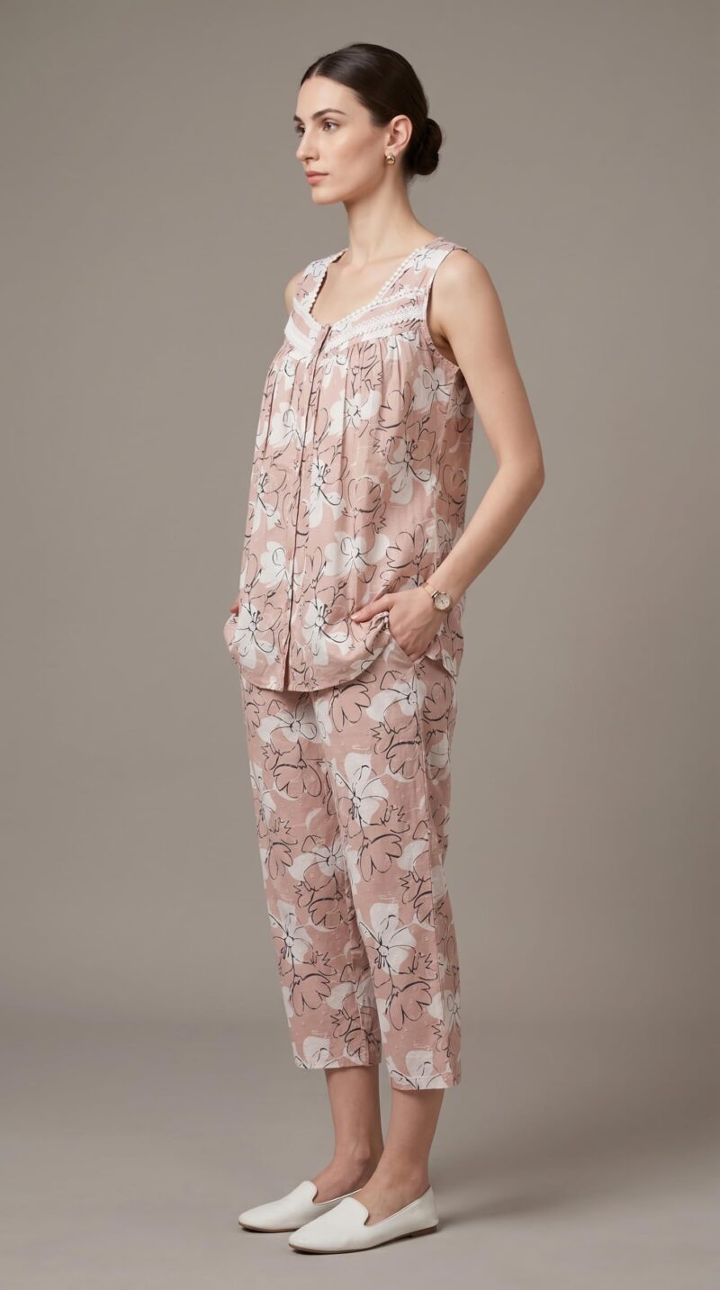 Evolove & Venus Pure Dobby Fabric Night Suit Set for Women | Printed Short Sleeve Sleep Top & Capri Pajama Set | Comfortable Nightwear Loungewear & Sleepwear Set | Light Grey Medium - Image 3