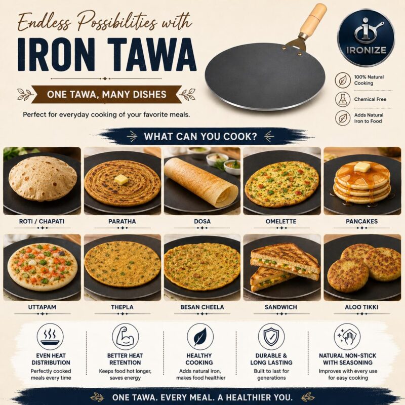 IRONIZE Pure Iron Roti Tawa with Wooden Handle| 1kg | Heavy Duty Chemical-Free Iron Cookware | Even Heat Distribution | Ideal for Roti, Chapati, Paratha, Dosa & Omelette | Available in 1kg to 2kg - Image 5