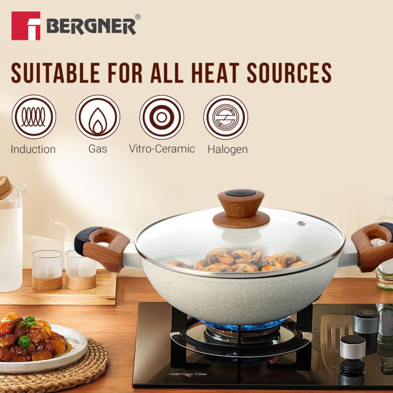 BERGNER Ivory Granite Non-Stick 24cm (2.5L) Kadai with Glass Lid, 3-Layer Marble Healthy Coating, Rivetless Soft Touch Handles, PFOA Free, Less Oil, Forged Aluminium - Induction and Gas Stove Ready - Image 7