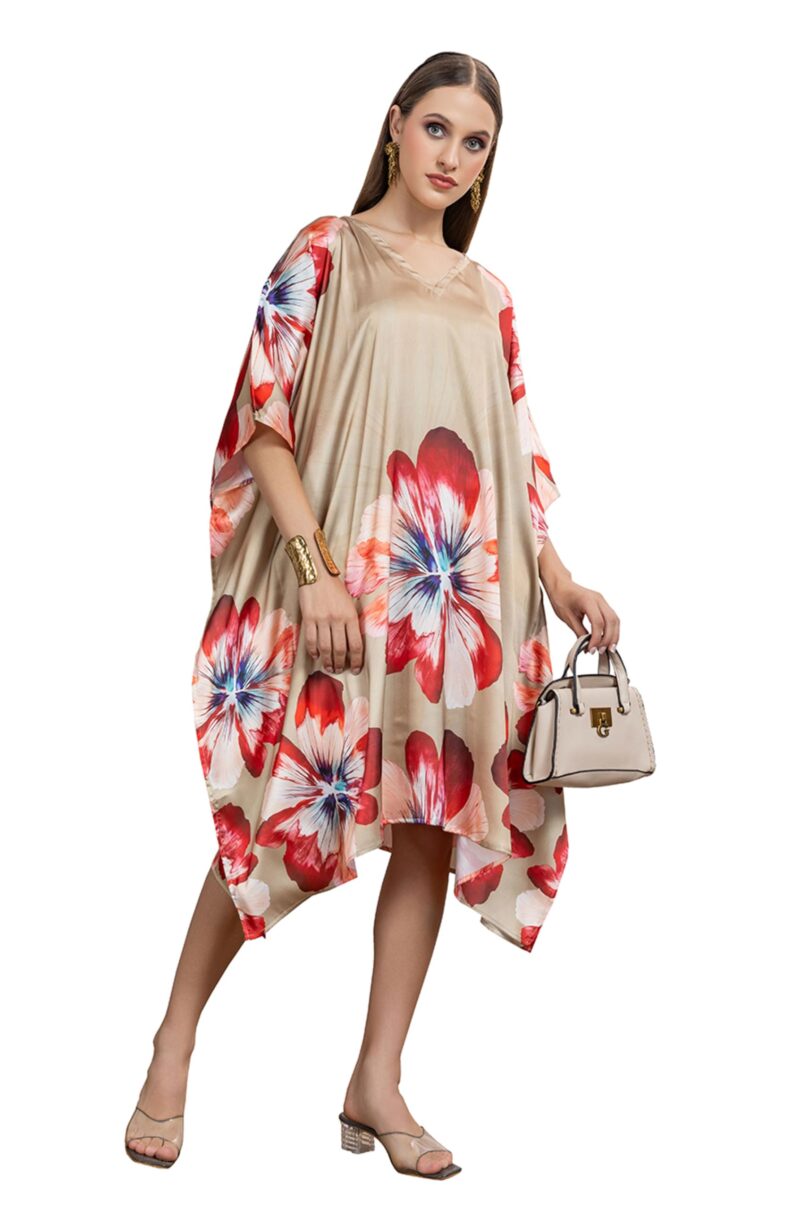 Label Aarna Premium Soft Satin Kaftan Dress for Women | Digital Print | Free Size (M-3XL) | Hidden Adjustable Belt | Sunset Resort Dress | Chic | Coverup