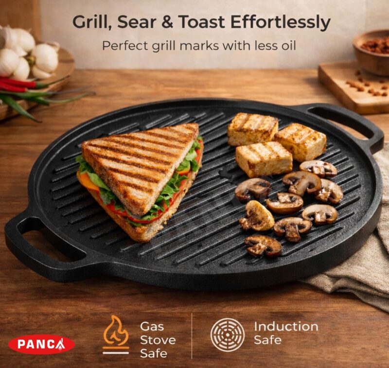 PANCA Pre-Seasoned Cast Iron Dosa Tawa 30 cm | Heavy Roti/Chapati Tawa for Gas & Induction | Chemical-Free, Naturally Non-Stick Pan (2 in 1 Grill Tawa) - Image 5