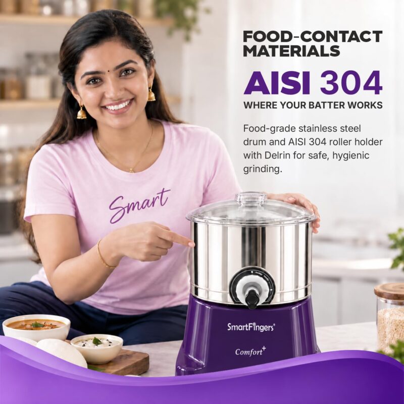 SmartFingers Comfort + Table Top Wet Grinder 230V, 3 Liter, Violet with Coconut Scrapper & Atta Kneader Attachment | Hands-Free Batter Dispenser | Top Wiper, 220W Motor | 5 Years Warranty | ABS - Image 7