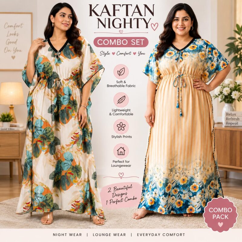 Women’s Floral Printed Kaftan Nighty Combo Set | Soft & Lightweight Night Dress | Loose Fit Long Kaftan Sleepwear for Women | Lounge & Home Wear | Pack of 2 Multicolour - Image 2