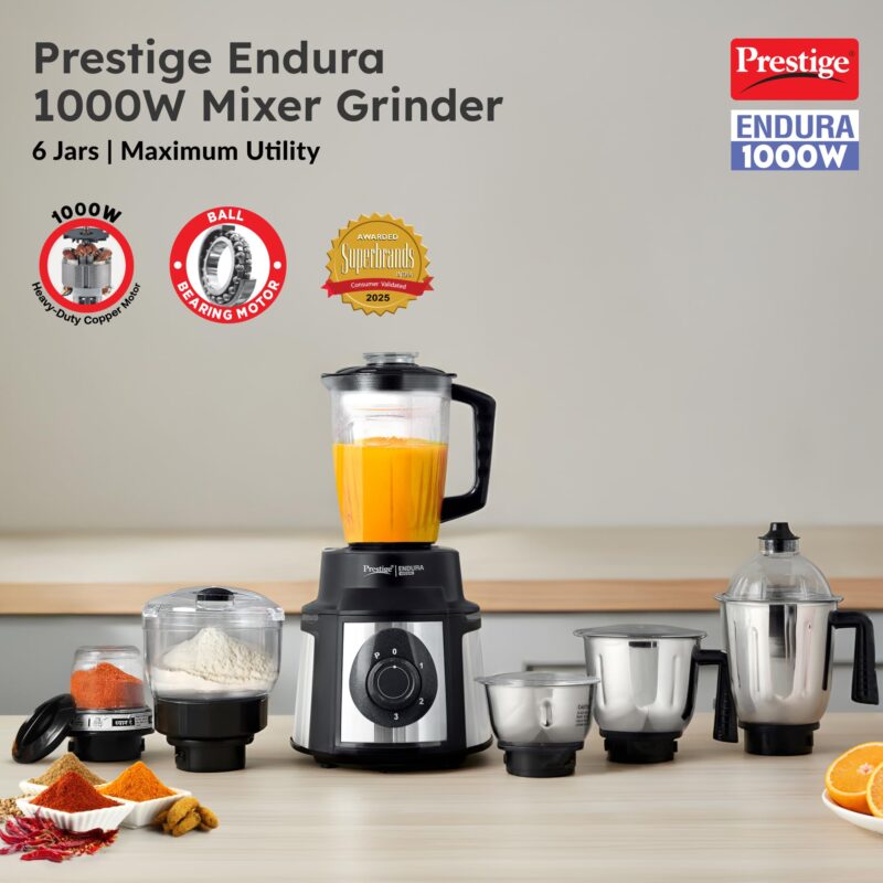 Prestige Endura 1000 Watt Mixer Grinder with 6 Jars | Heavy-Duty Ball Bearing Motor | 3 Stainless Steel Jars + 1 Juicer + 1 Mix-O-Keep + 1 Multi-Utility | SS Baldes | Black | 5Y Motor Warranty - Image 2