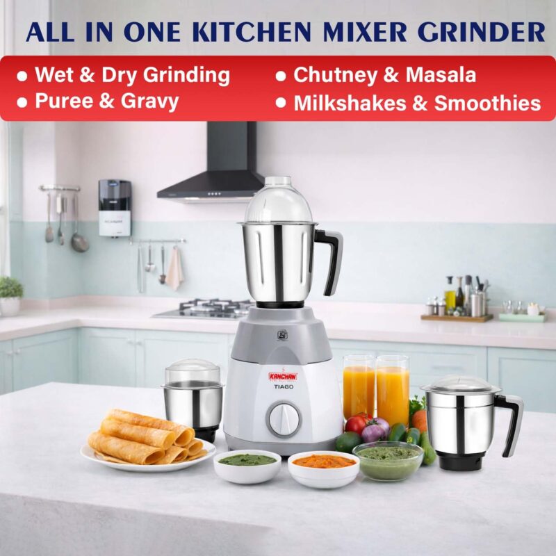 Kanchan Tiago Mixer Grinder 750 watt - 3 Stainless Steel Jars for Wet & Dry Grind & Blend (Chutney, Juices, Puree, Batter, Masala)- Heavy Duty Motor Mixi Grinder, 5 Year Warranty, ISI Certified - Image 2