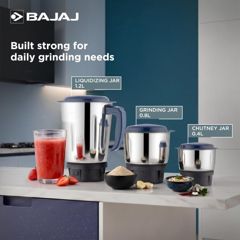 Bajaj Ninja Series Grace 500W Mixer Grinder | Mixie For Kitchen With Duracut® Blades | 2-In-1 Blade Function For Dry & Wet Grinding | 2 Mixie Jars | 5-Yr Motor Warranty 【Midnight Blue】 - Image 4