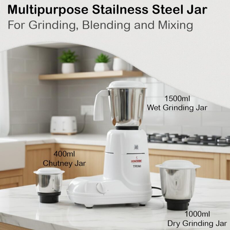 Kanchan Trimi Mixer Grinder 650 Watt with 3 Stainless Steel Jars - Mixer Grinder for Kitchen - Wet and Dry Grinding Powerful Motor with Highly Efficient SS Blades, ISI Certified with 2 Year Warranty - Image 5