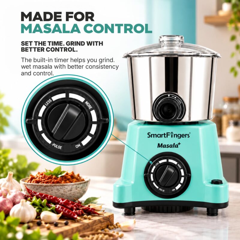 SmartFingers Masala + Table Top Wet Grinder 230V, 3 Liter, Green with Coconut Scrapper & Atta Kneader Attachment | Hands-Free Batter Dispenser | Top Wiper, 220W Motor | 5 Years Warranty | ABS - Image 2