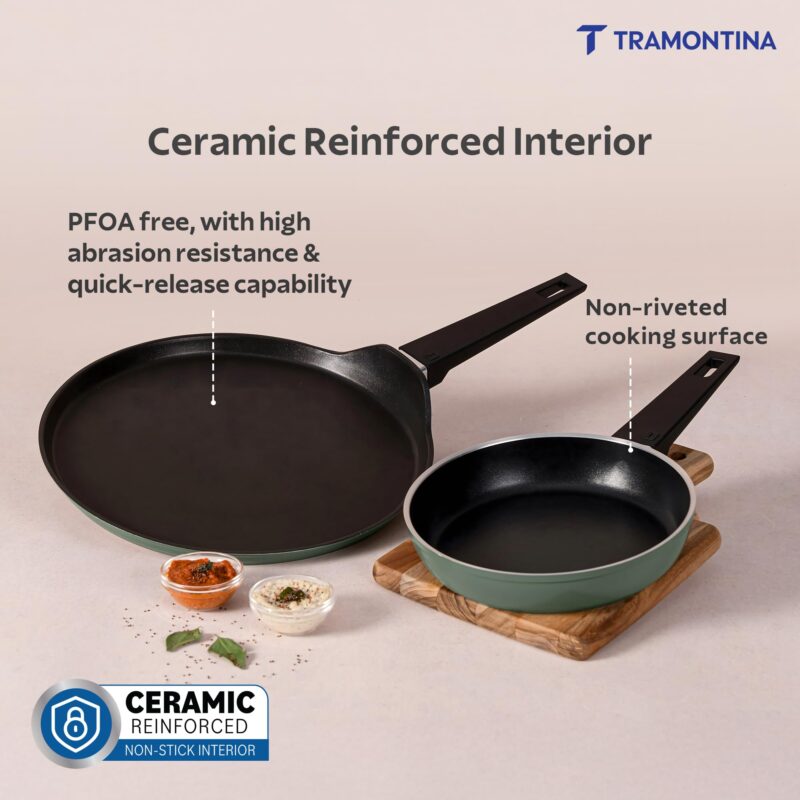 TRAMONTINA Aura Cookware Set of 2- Frypan 20cm, Dosa tawa 28cm | Reinforced Ceramic Non-Stick Cookware | Quick & Even Heating | Low-Oil Cooking | Bakelite Handle | Induction & Gas | Sea Green - Image 3