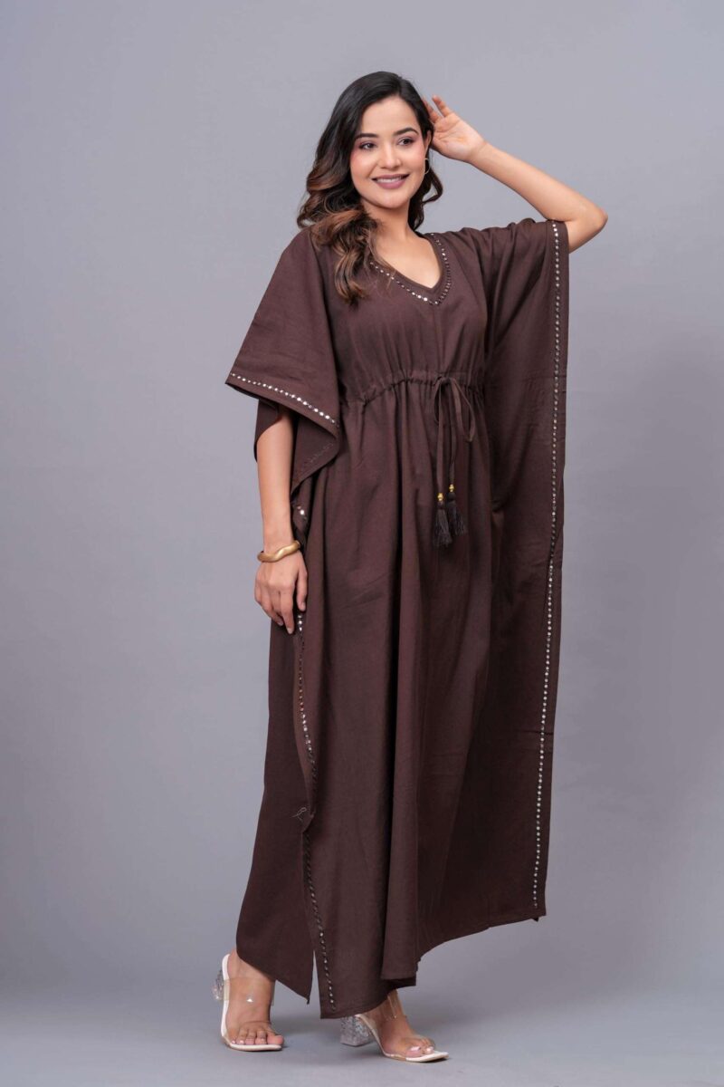 TEXTILE TONES Women’s Chocolate Brown Kaftan Dress - V Neck Maxi Dress with Adjustable Waist Tie, Lightweight Loose Fit Beach Cover Up for Vacation, Resort, Poolside & Casual Wear, Free Size - Image 6