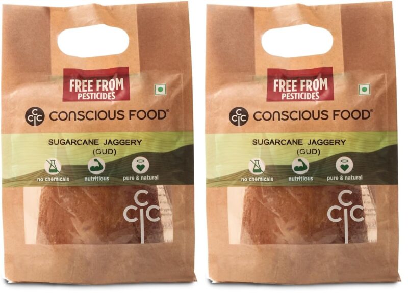 Conscious Food Sugarcane Jaggery | 925g | Preservative Free & Traditionally made | Sharkara Bellam, Nattu Sakkarai Granules Jaggery, Vellam, Gud (Pack of 2)