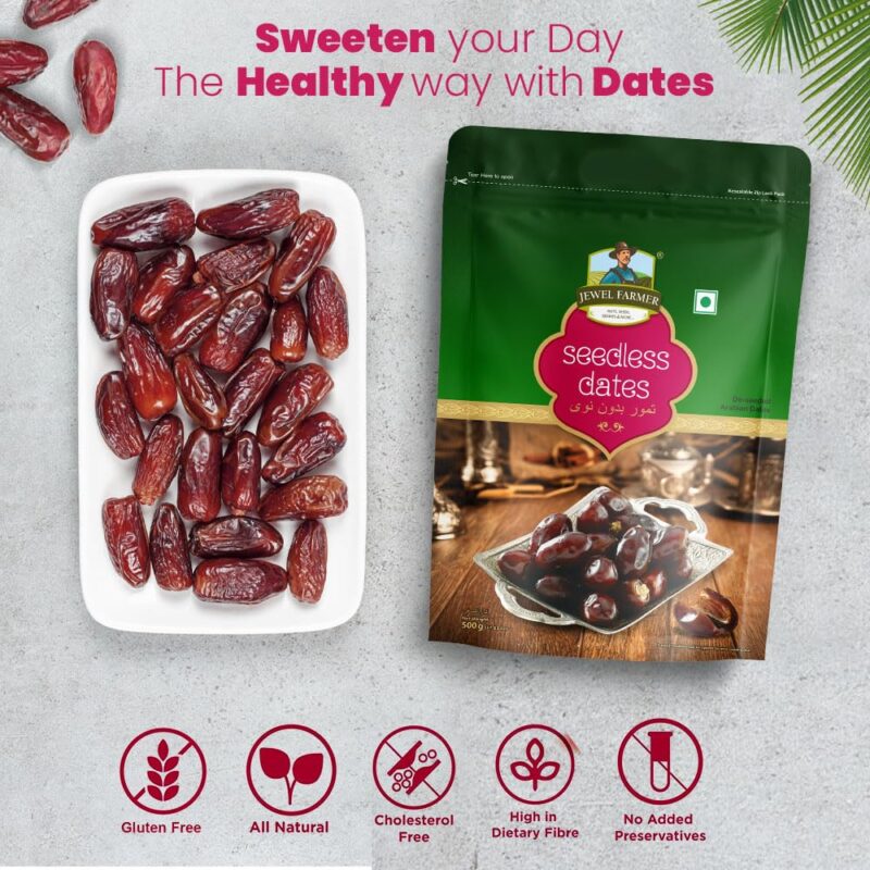 Jewel Farmer Premium Deseeded/Seedless Arabian Dates 500gm With High in Fibre & Rich Source of Iron | Gluten free | No Preservatives |100% Vegan | Wet Khajoor | khajur | Date Fruits - Image 4