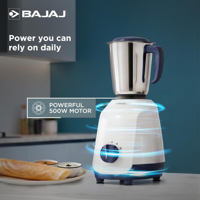Bajaj Ninja Series Grace 500W Mixer Grinder | Mixie For Kitchen With Duracut® Blades | 2-In-1 Blade Function For Dry & Wet Grinding | 2 Mixie Jars | 5-Yr Motor Warranty 【Midnight Blue】 - Image 3