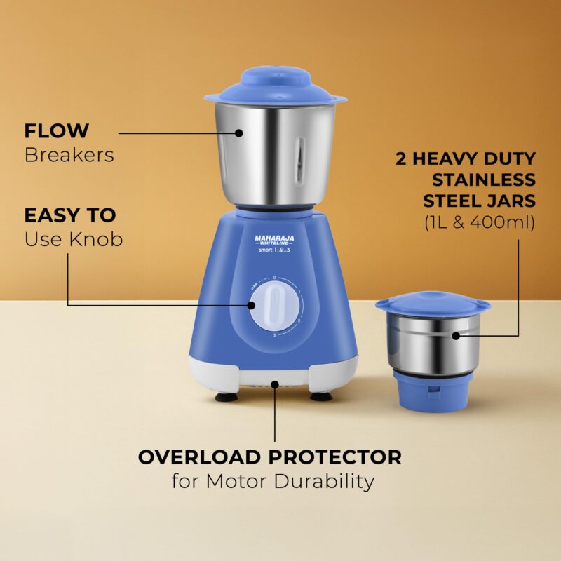 Maharaja Whiteline Smart 123 Mixer Grinder | 500-watt | 20000 RPM Motor Speed | Air Ventilation System | Stainless-Steel Jars & Blades | Unique Jar Flow Breakers| 2 Year Motor Warranty |Blue - Image 5