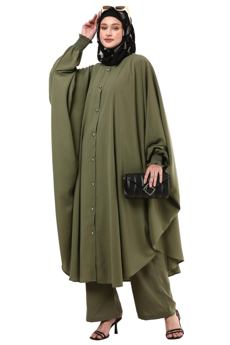BT - Being Traditional Modest Co-Ord Set for Women - Loose Fit Front Open Free Size Kaftan Top with Trouser (Top: Free Size | Trouser: 2XL, Jade Green)