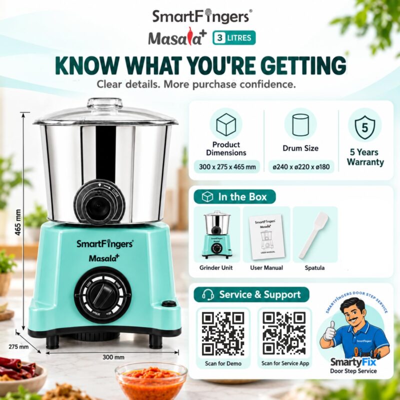 SmartFingers Masala + Table Top Wet Grinder 230V, 3 Liter, Green with Coconut Scrapper & Atta Kneader Attachment | Hands-Free Batter Dispenser | Top Wiper, 220W Motor | 5 Years Warranty | ABS - Image 6